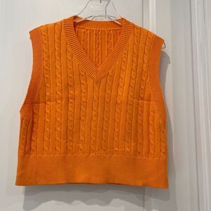Orange V-Neck Cable Knit Sweater Vest